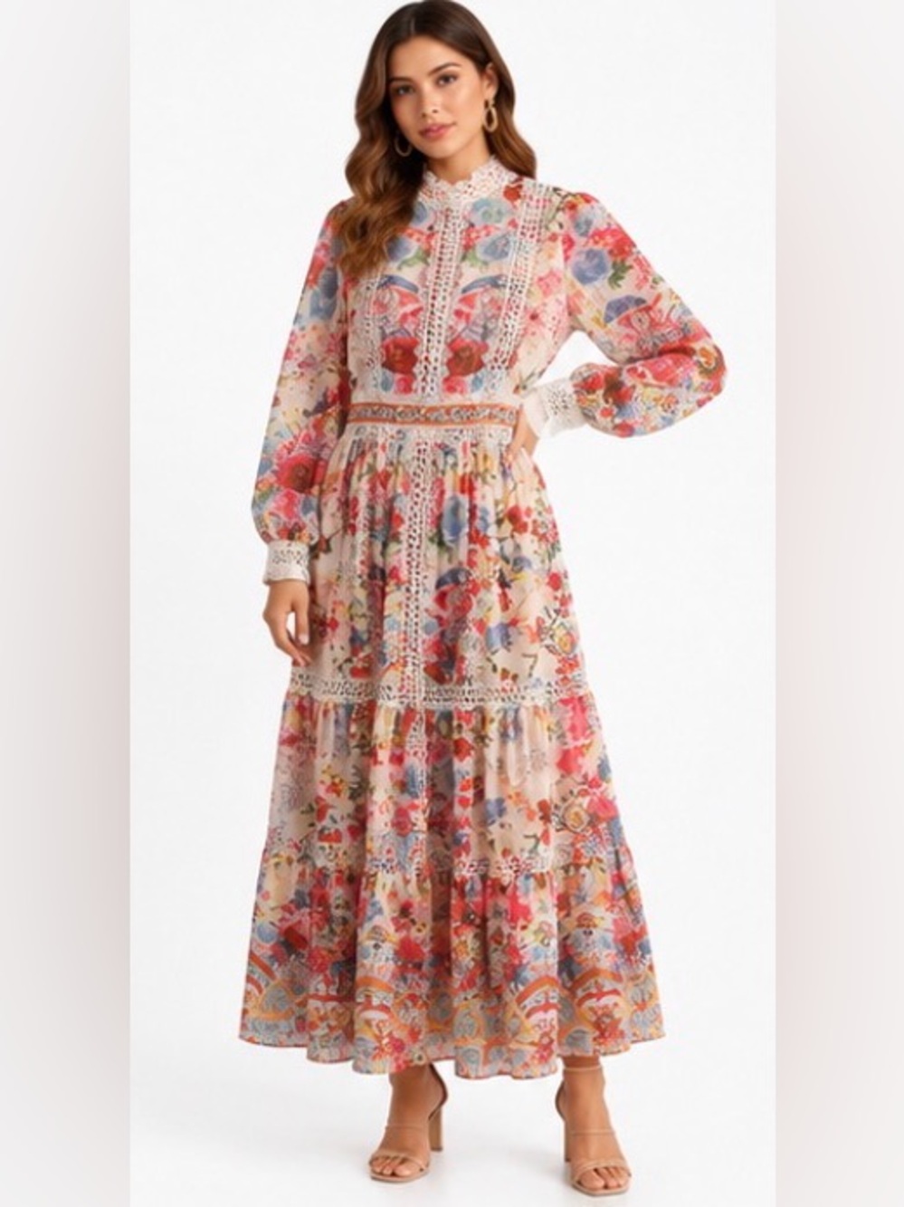 Floral Lace Tiered Maxi Dress Small Pearl Button Open Back Boho